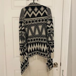 Geometric Print Black and Grey Poncho with Fringe Detail